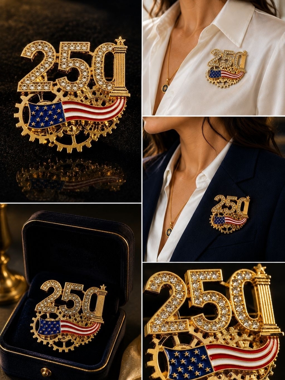 Gold '250' Americana Flag Brooch - Picture 7 of 7